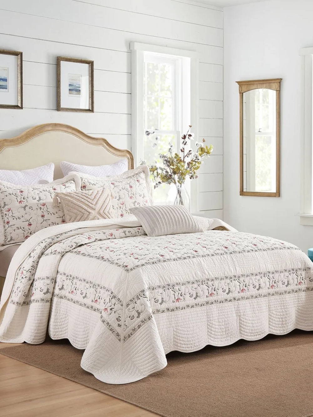 3 PIECE OVERSIZED 100% COTTON EMBROIDERED FLORAL QUILT BEDSPREAD SET
